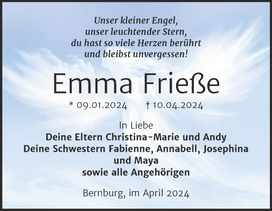 Traueranzeige von Emma Frieße von Trauerkombi Bernburg