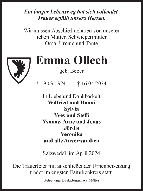 Traueranzeige von Emma Ollech von Volksstimme Altmark West