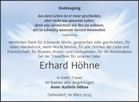 Traueranzeige von Erhard Höhne von Trauerkombi Wittenberg
