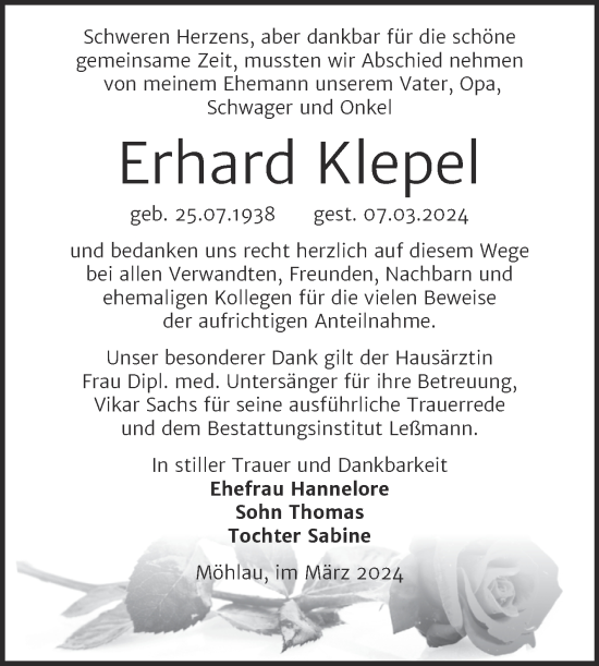 Traueranzeige von Erhard Klepel von Trauerkombi Wittenberg