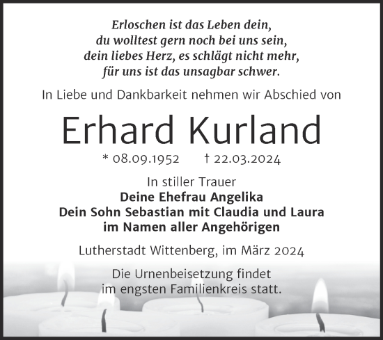 Traueranzeige von Erhard Kurland von Trauerkombi Wittenberg