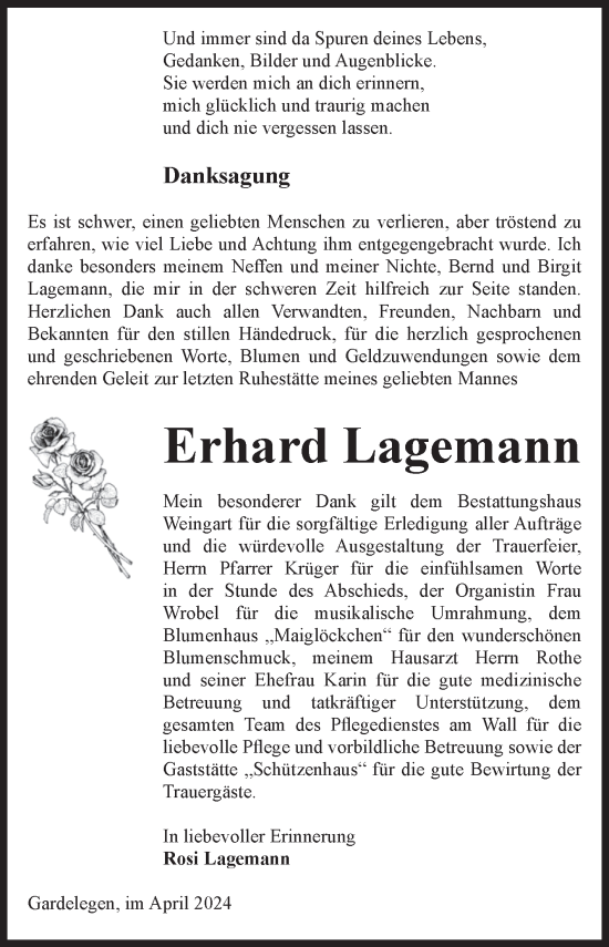 Traueranzeige von Erhard Lagemann von Volksstimme Altmark West
