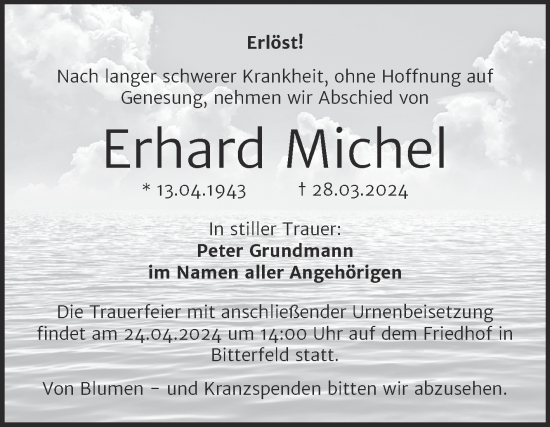 Traueranzeige von Erhard Michel von Trauerkombi Bitterfeld