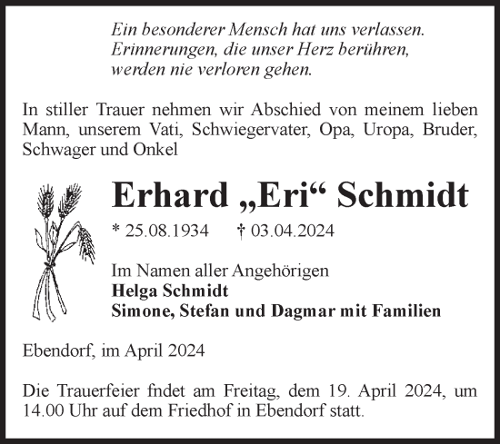 Traueranzeige von Erhard Schmidt von Volksstimme Magdeburg