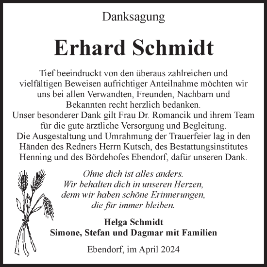 Traueranzeige von Erhard Schmidt von Volksstimme Magdeburg