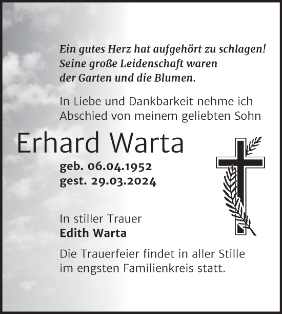 Traueranzeige von Erhard Warta von Trauerkombi Bitterfeld