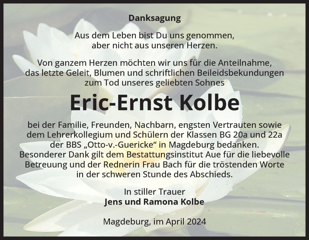  Traueranzeige für Eric-Ernst Kolbe vom 27.04.2024 aus Volksstimme Magdeburg