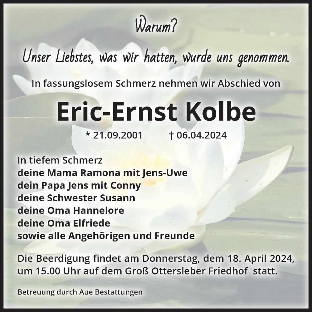  Traueranzeige für Eric-Ernst Kolbe vom 13.04.2024 aus Volksstimme Magdeburg