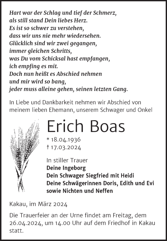 Traueranzeige von Erich Boas von Trauerkombi Wittenberg