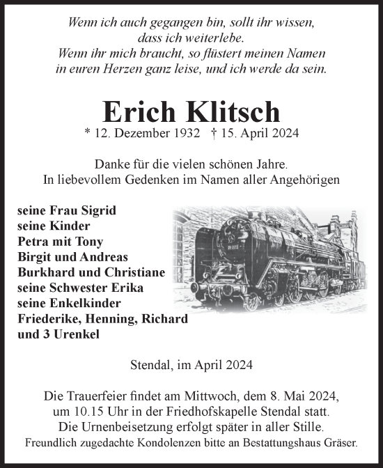 Traueranzeige von Erich Klitsch von Volksstimme Altmark Ost