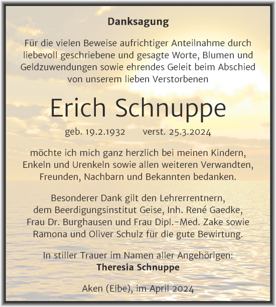 Traueranzeige von Erich Schnuppe von Trauerkombi Köthen