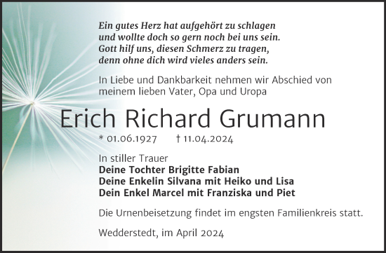Traueranzeige von Erich Richard Grumann von Trauerkombi Quedlinburg