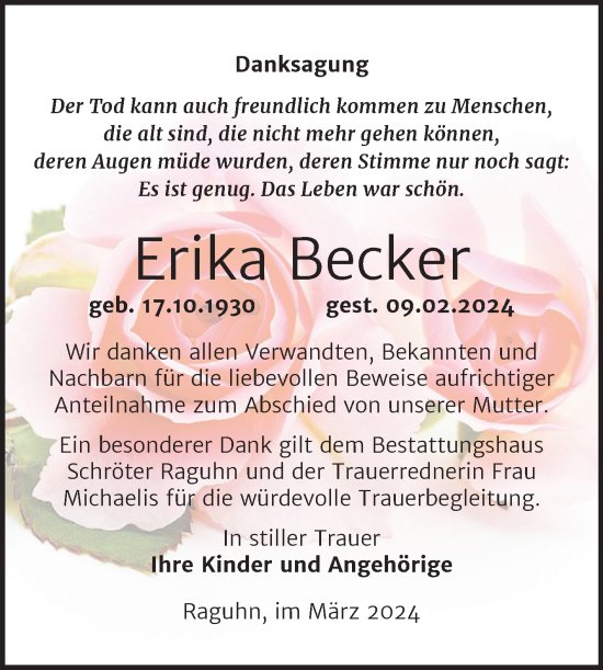Traueranzeige von Erika Becker von Trauerkombi Bitterfeld