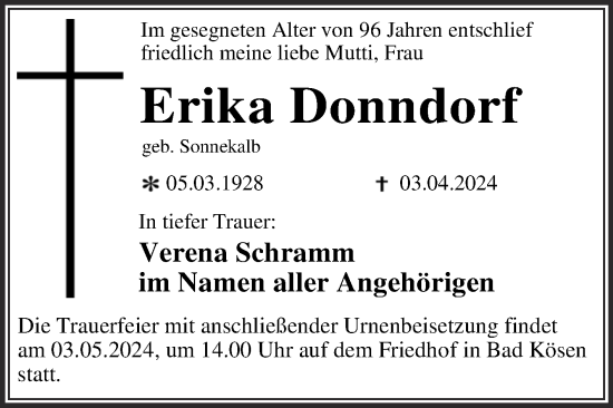 Traueranzeige von Erika Donndorf von Naumburger Tageblatt