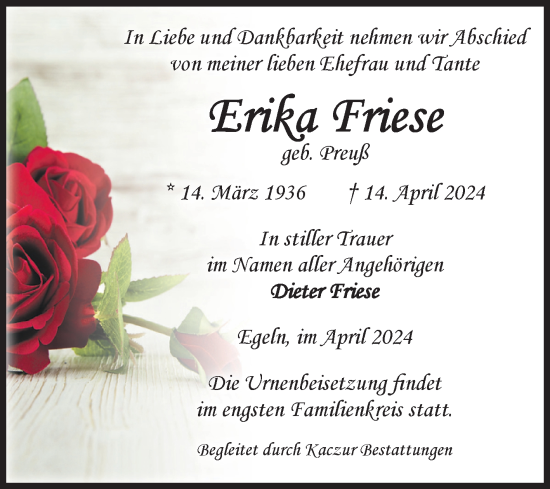 Traueranzeige von Erika Friese von Volksstimme Staßfurt