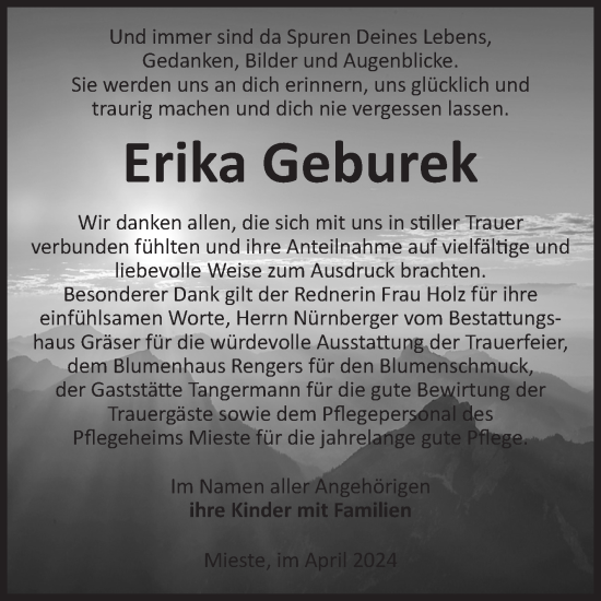 Traueranzeige von Erika Geburek von Volksstimme Altmark West
