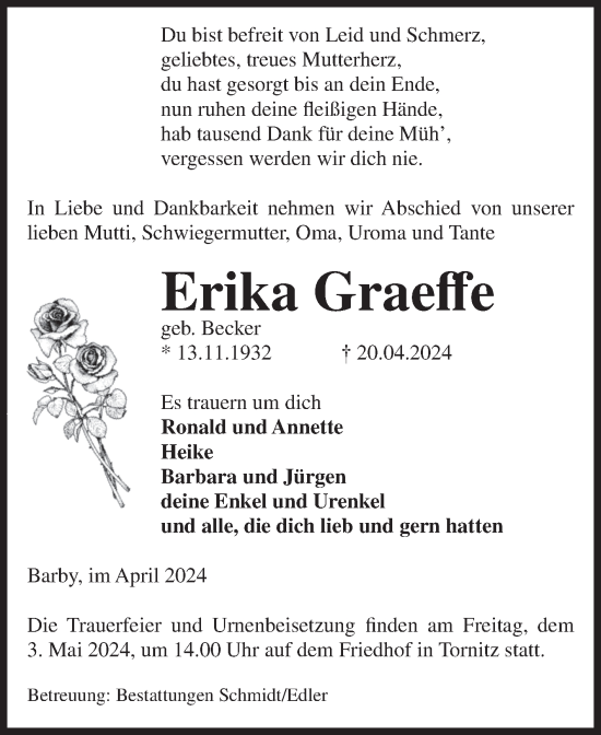 Traueranzeige von Erika Graeffe von Volksstimme Schönebeck