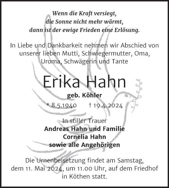 Traueranzeige von Erika Hahn von Trauerkombi Köthen