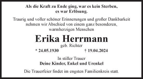 Traueranzeige von Erika Herrmann von Volksstimme Zerbst