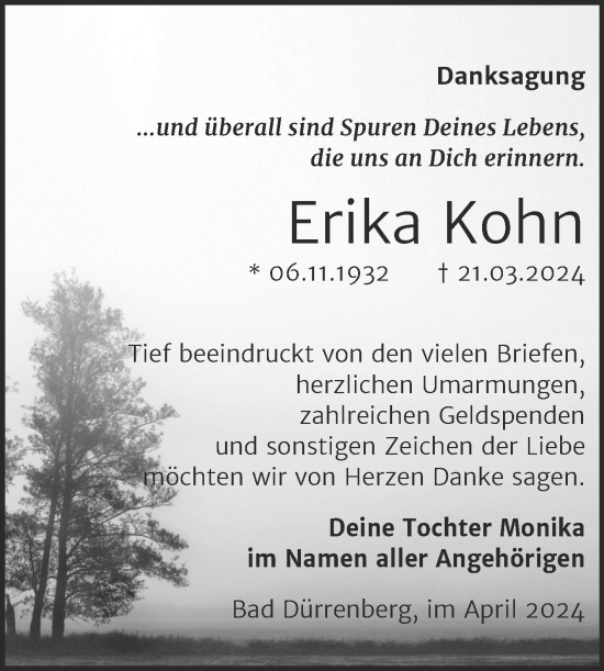 Traueranzeige von Erika Kohn von Trauerkombi Merseburg