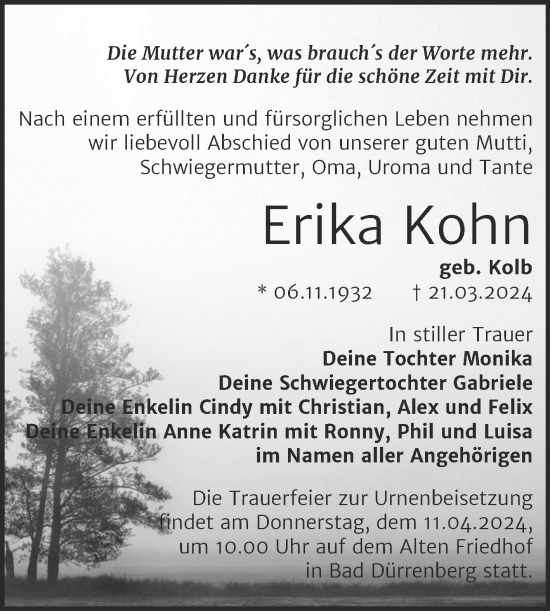 Traueranzeige von Erika Kohn von Trauerkombi Merseburg