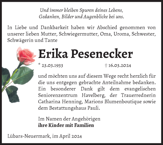 Traueranzeige von Erika Pesenecker von Volksstimme Altmark Ost