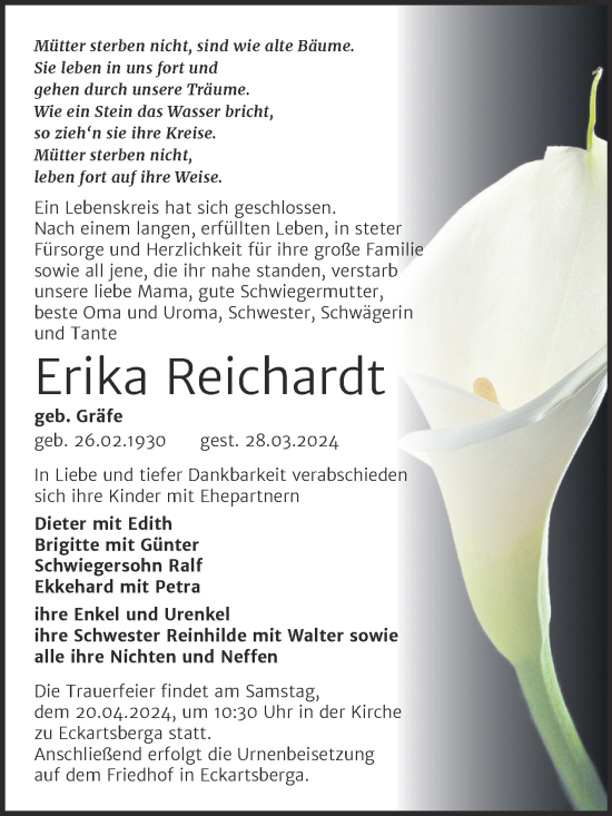 Traueranzeige von Erika Reichardt von Naumburger Tageblatt