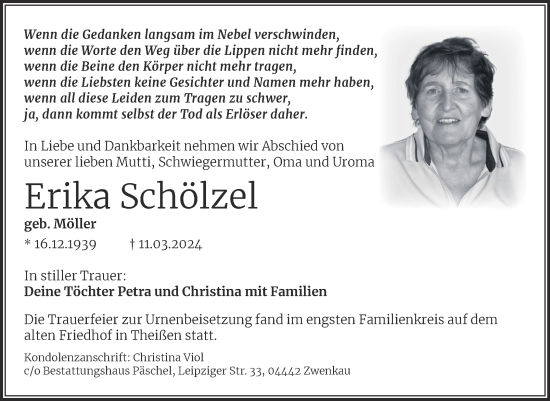 Traueranzeige von Erika Schölzel von Mitteldeutsche Zeitung Zeitz