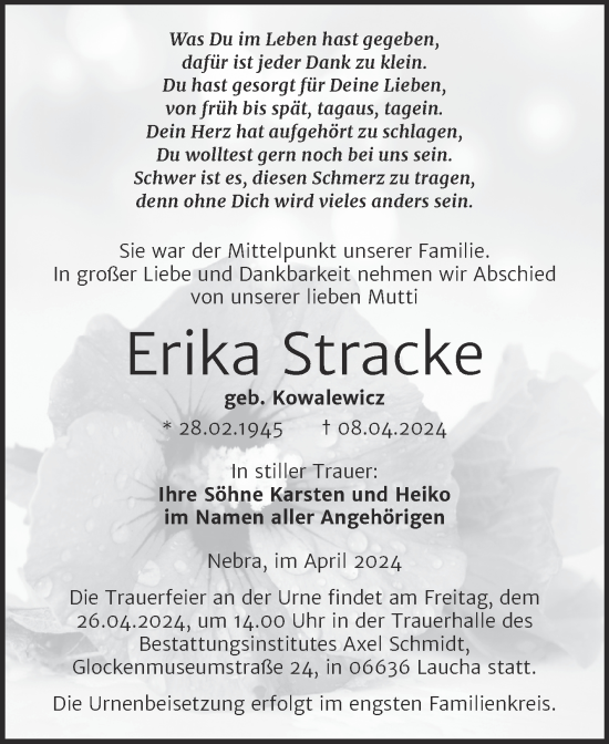 Traueranzeige von Erika Stracke von Super Sonntag Naumburg/Nebra