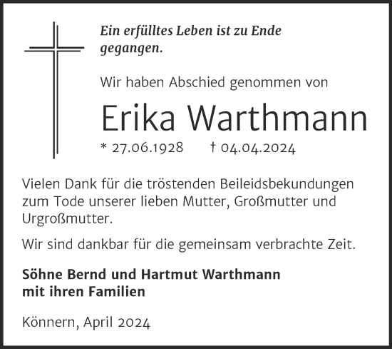 Traueranzeige von Erika Warthmann von Trauerkombi Bernburg