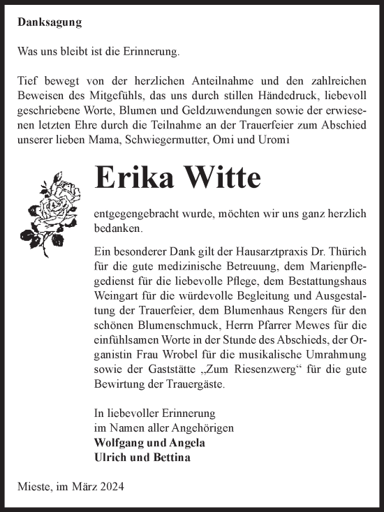 Traueranzeige von Erika Witte von Volksstimme Altmark West