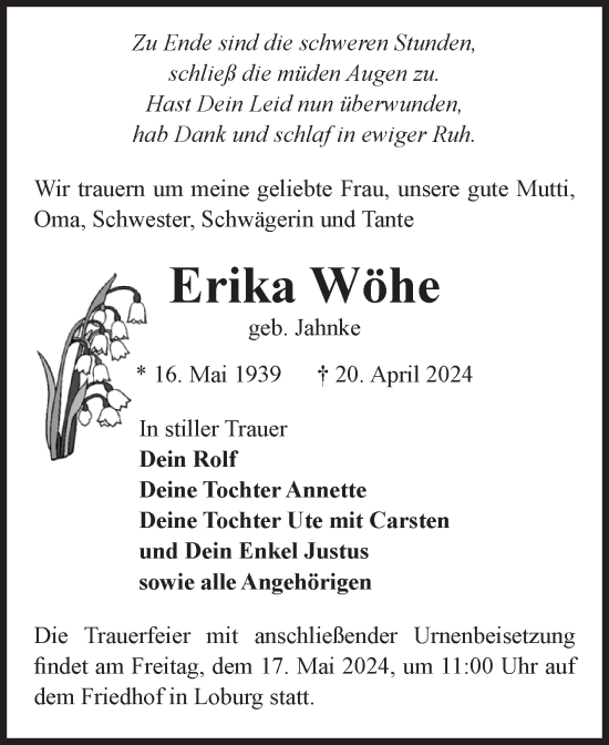 Traueranzeige von Erika Wöhe von Volksstimme Zerbst