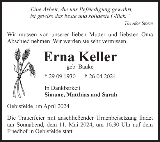 Traueranzeige von Erna Keller von Volksstimme Altmark West