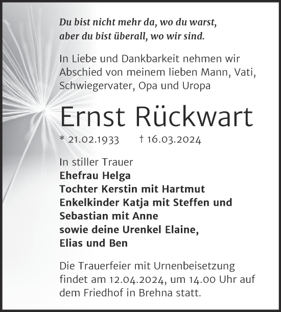 Traueranzeige von Ernst Rückwart von Trauerkombi Bitterfeld