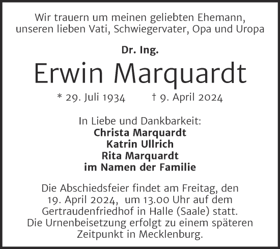 Traueranzeige von Erwin Marquardt von Mitteldeutsche Zeitung Halle/Saalkreis