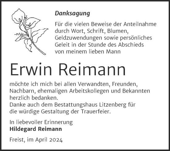 Traueranzeige von Erwin Reimann von Trauerkombi Mansfelder Land