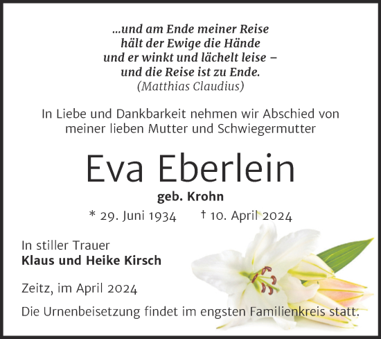 Traueranzeige von Eva Eberlein von Trauerkombi Zeitz