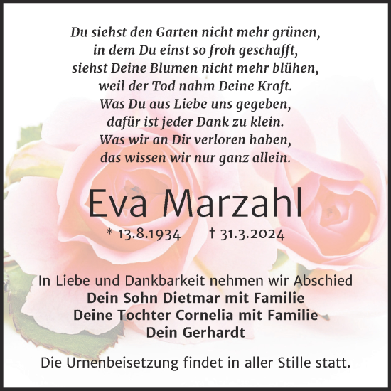 Traueranzeige von Eva Marzahl von Trauerkombi Wittenberg