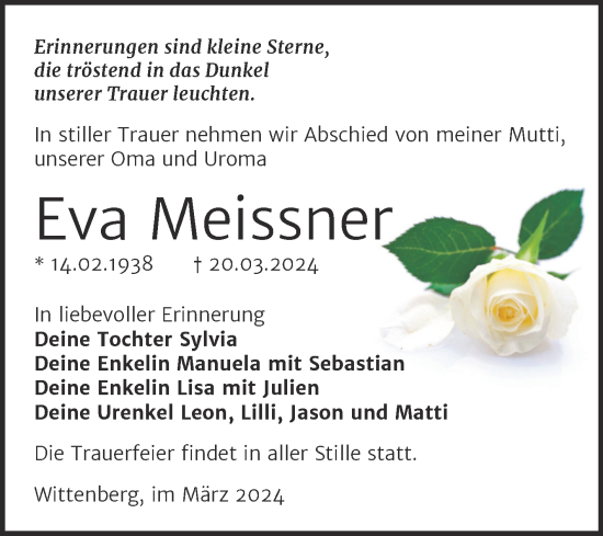 Traueranzeige von Eva Meissner von Trauerkombi Wittenberg