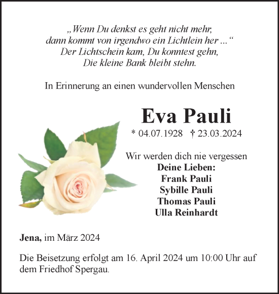 Traueranzeige von Eva Pauli von Trauerkombi Merseburg