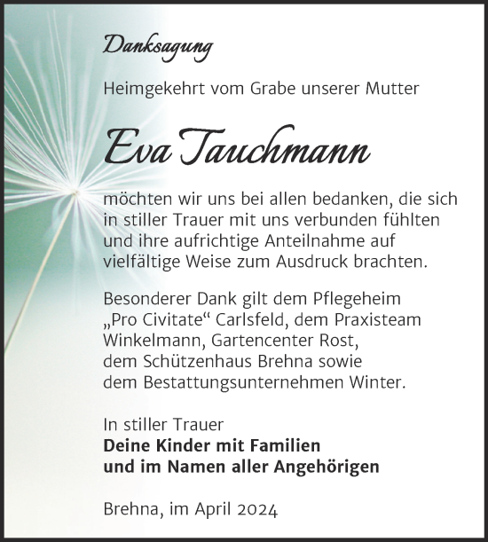 Traueranzeige von Eva Tauchmann von Trauerkombi Bitterfeld