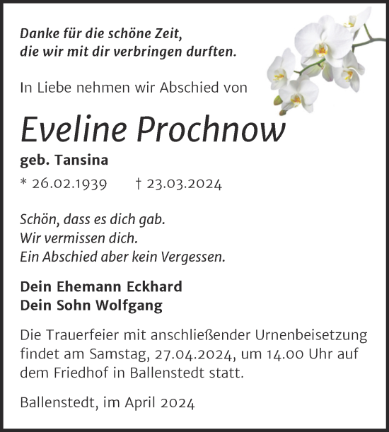 Traueranzeige von Eveline Prochnow von Trauerkombi Quedlinburg