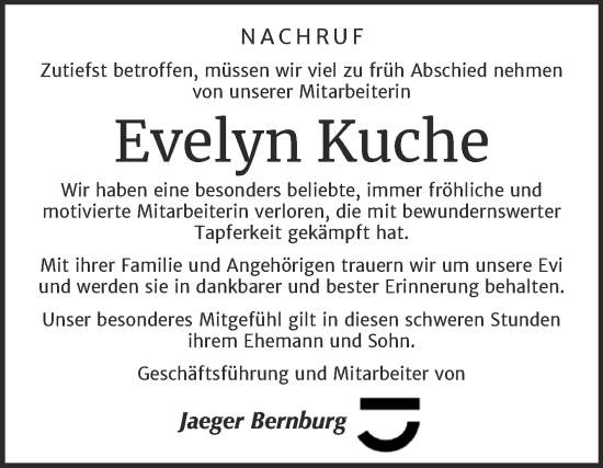 Traueranzeige von Evelyn Kuche von Mitteldeutsche Zeitung Bernburg
