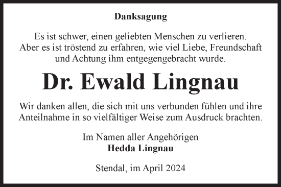Traueranzeige von Ewald Lingnau von Volksstimme Altmark Ost
