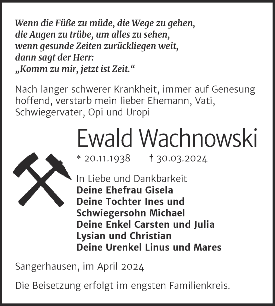Traueranzeige von Ewald Wachnowski von Trauerkombi Sangerhausen