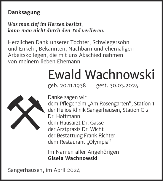 Traueranzeige von Ewald Wachnowski von Trauerkombi Sangerhausen