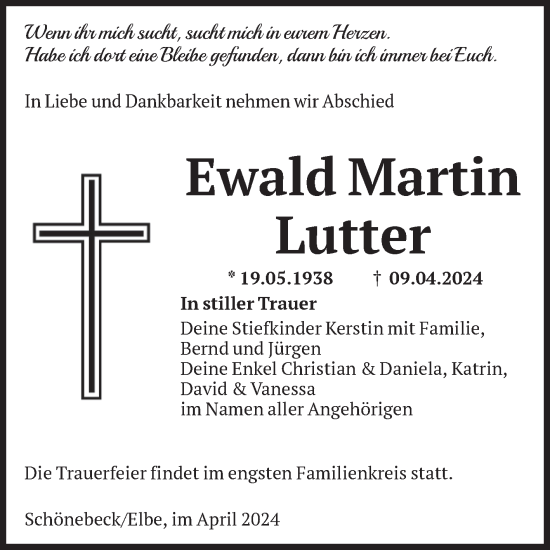 Traueranzeige von Ewald Martin Lutter von Volksstimme Schönebeck