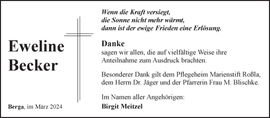 Traueranzeige von Eweline Becker von Trauerkombi Sangerhausen