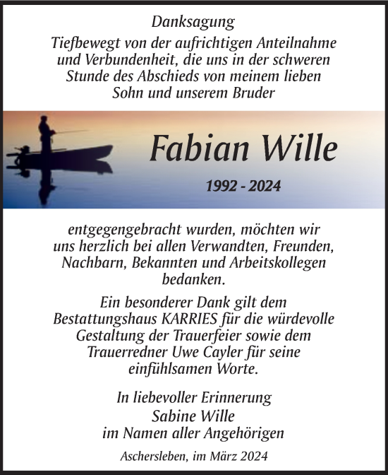 Traueranzeige von Fabian Wille von Trauerkombi Aschersleben