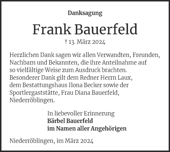 Traueranzeige von Frank Bauerfeld von Trauerkombi Sangerhausen